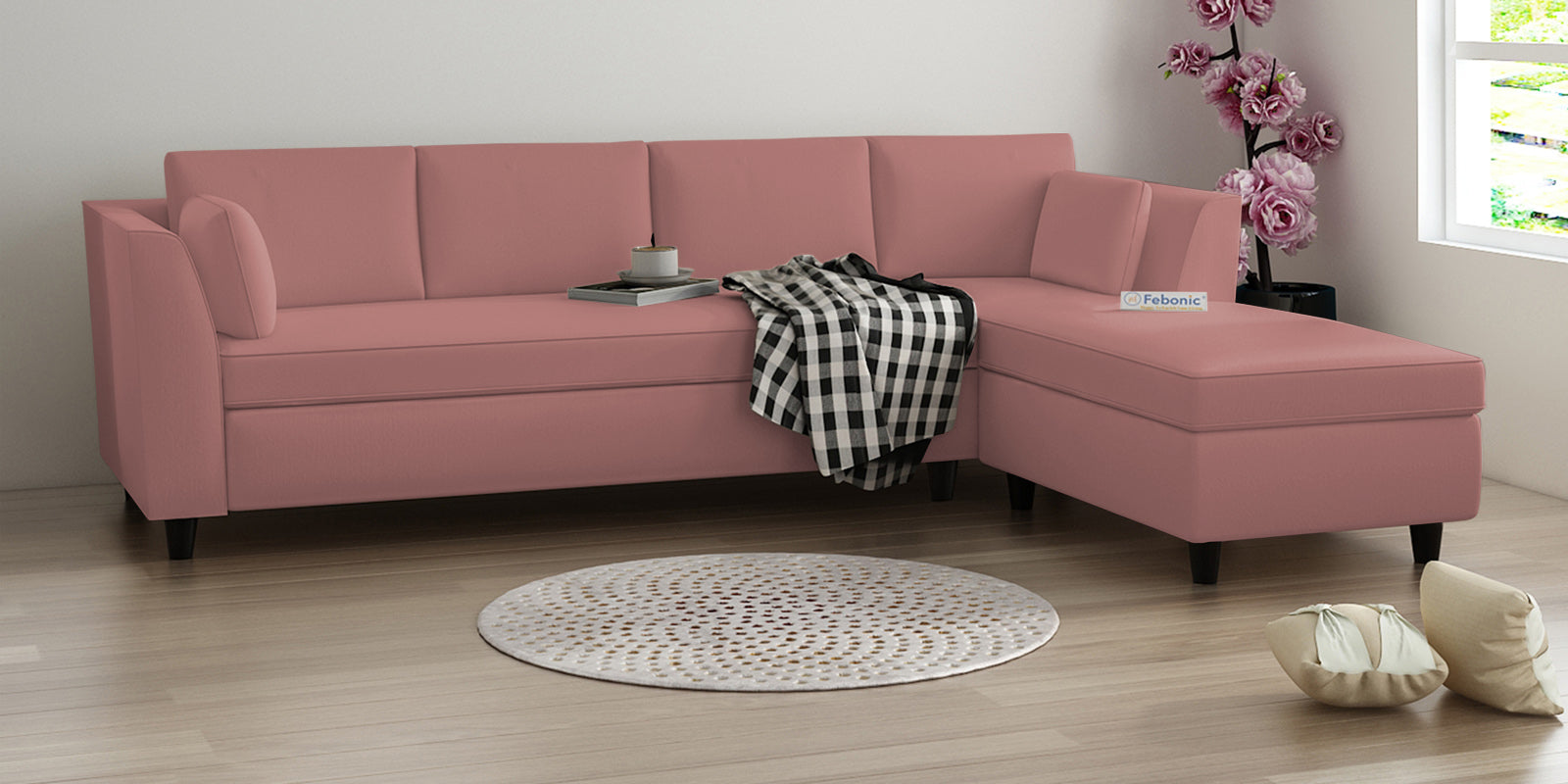 Bristo Velvet LHS Sectional Sofa (3+Lounger) In Blush Pink Colour - Febonic Living