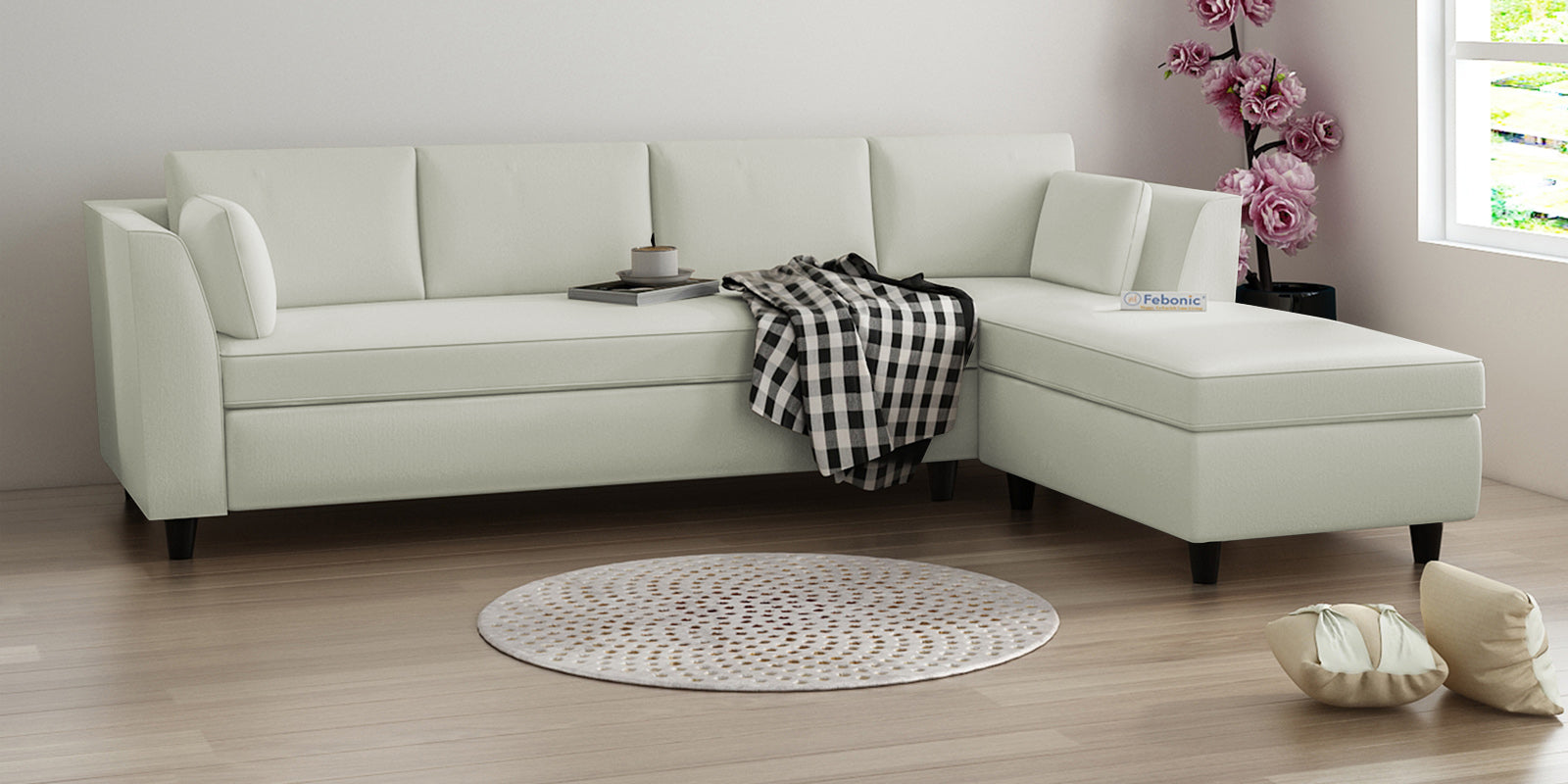 Bristo Velvet LHS Sectional Sofa (3+Lounger) In Bone Grey Colour - Febonic Living