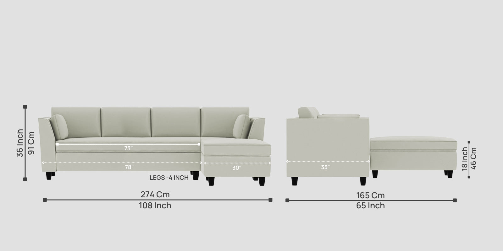 Bristo Velvet LHS Sectional Sofa (3+Lounger) In Bone Grey Colour - Febonic Living