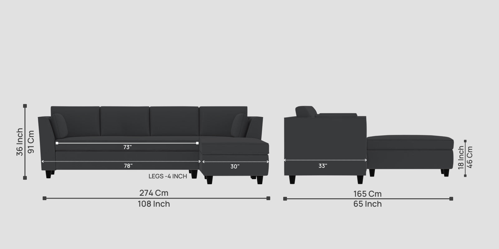 Bristo Velvet LHS Sectional Sofa (3+Lounger) In Davy Grey Colour - Febonic Living
