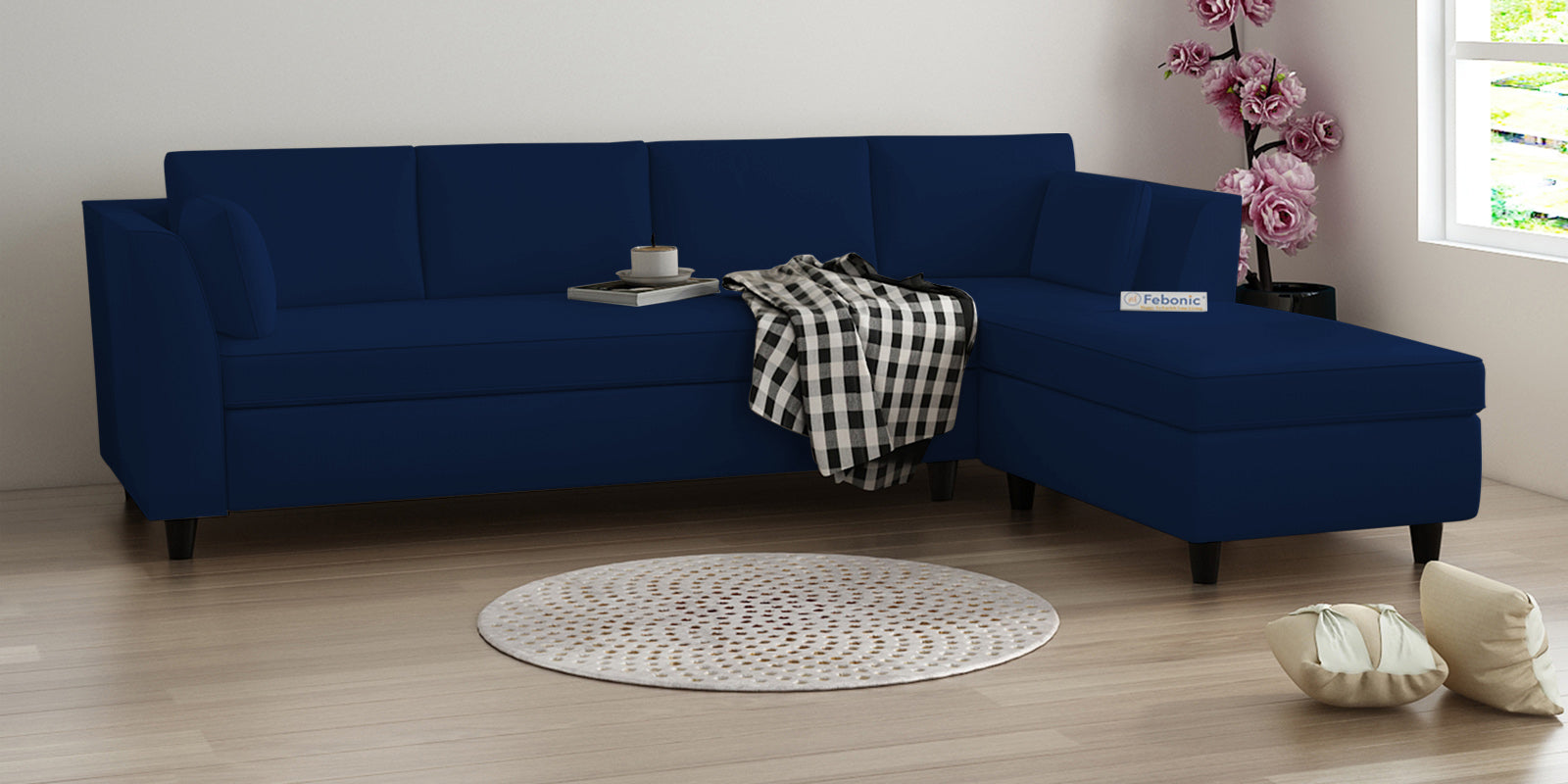 Bristo Velvet LHS Sectional Sofa (3+Lounger) In Imperial Blue Colour - Febonic Living