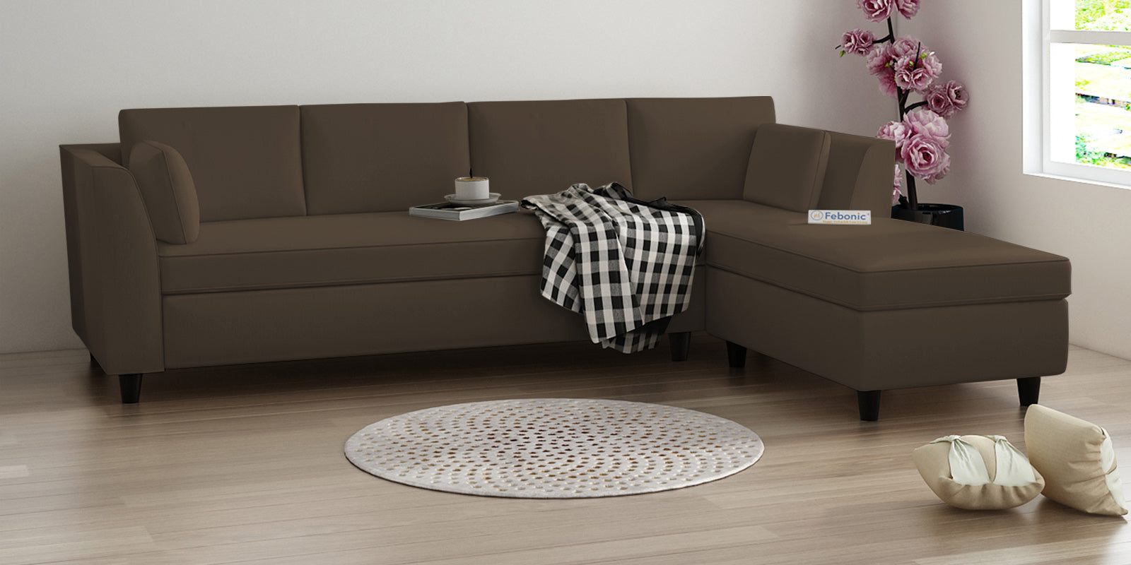 Bristo Velvet LHS Sectional Sofa (3+Lounger) In Shade Brown Colour - Febonic Living