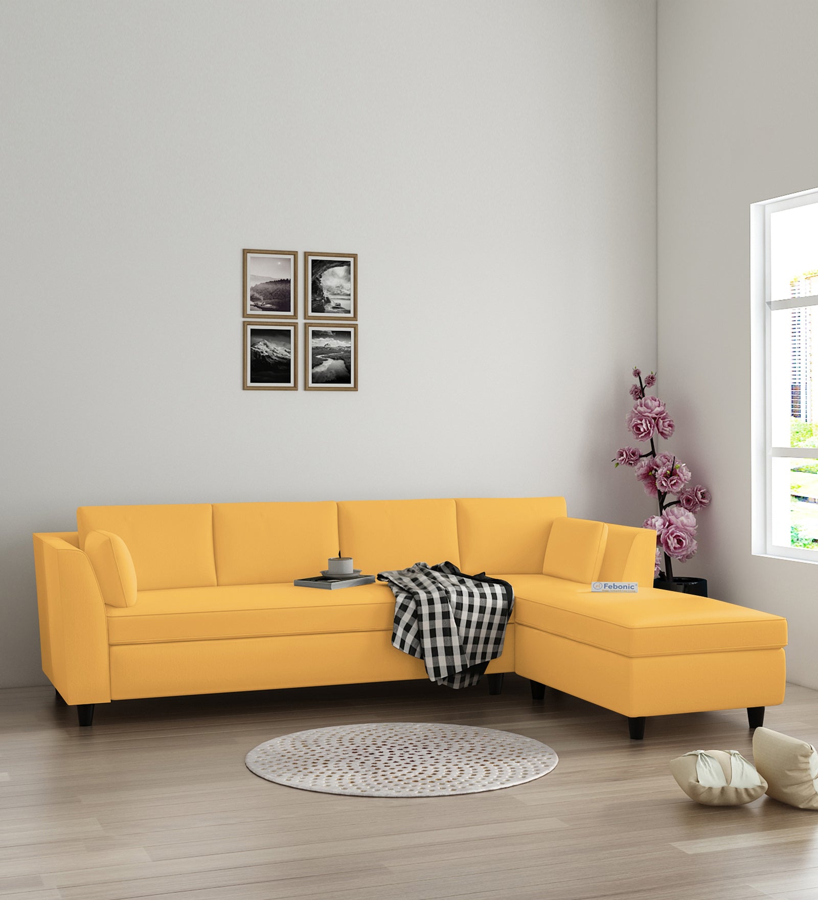Bristo Velvet LHS Sectional Sofa (3+Lounger) In Turmeric Yellow Colour - Febonic Living