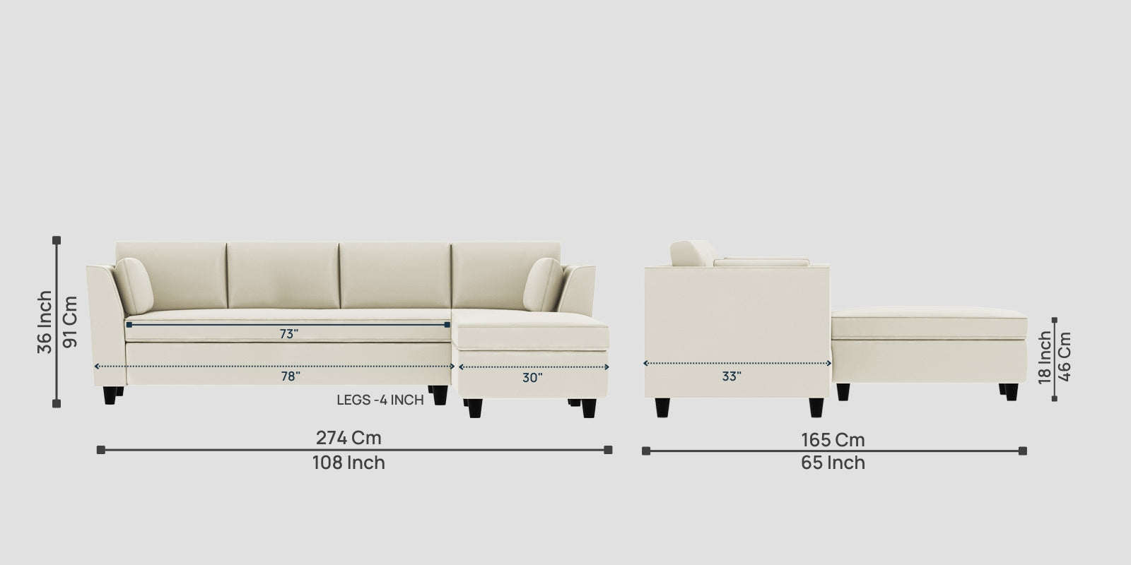 Bristo Velvet LHS Sectional Sofa (3+Lounger) In Warm White Colour - Febonic Living