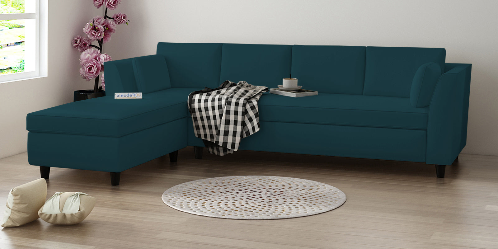 Bristo Velvet RHS Sectional Sofa (3+Lounger) in Arabian Green Colour - Febonic Living