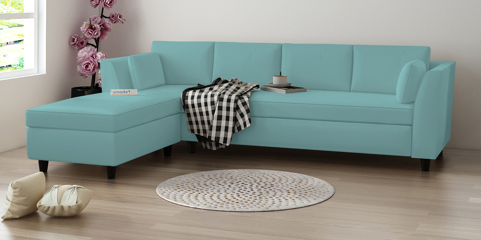 Bristo Velvet RHS Sectional Sofa (3+Lounger) in Barmunda Aqua Colour - Febonic Living