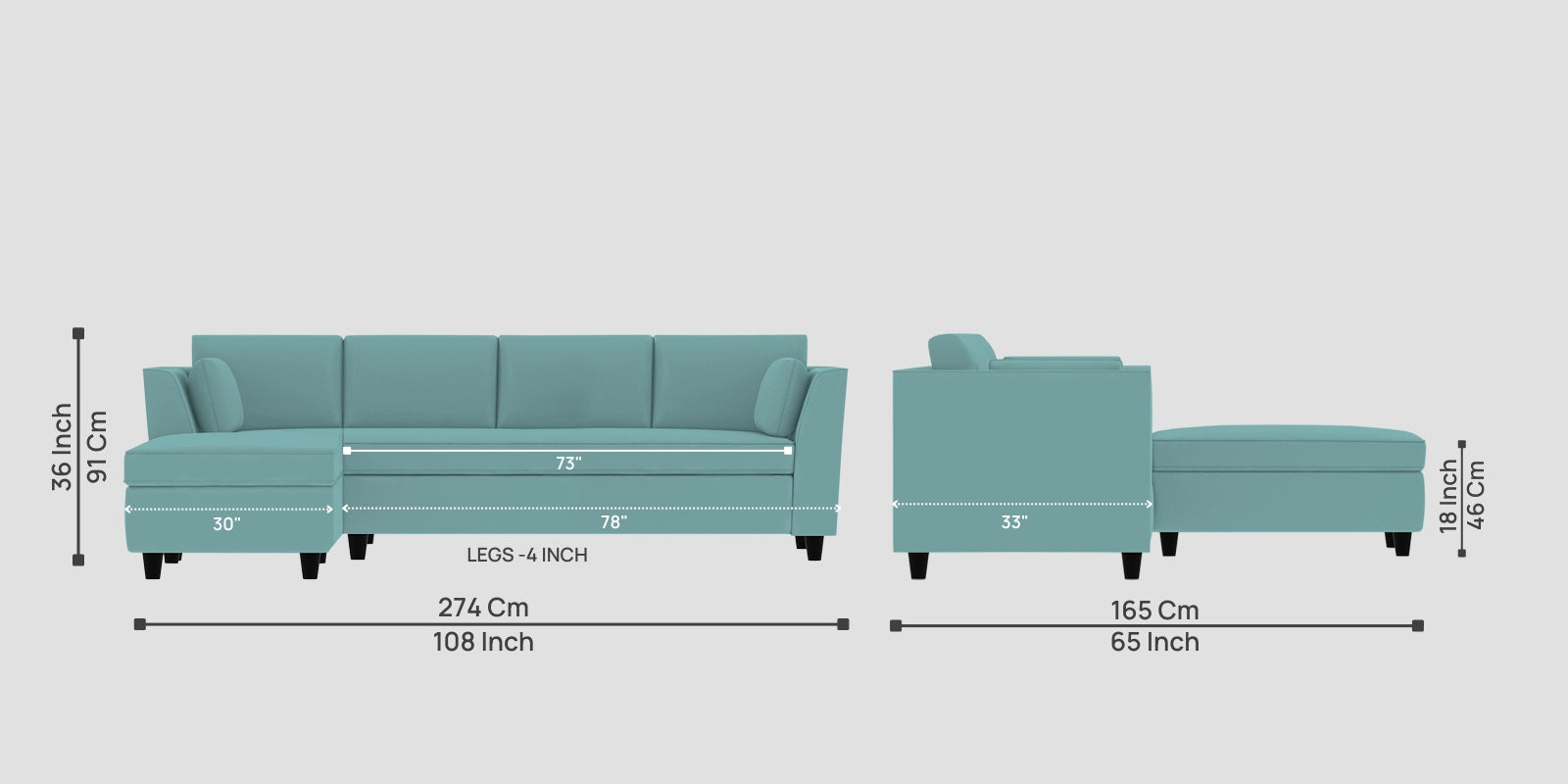 Bristo Velvet RHS Sectional Sofa (3+Lounger) in Barmunda Aqua Colour - Febonic Living