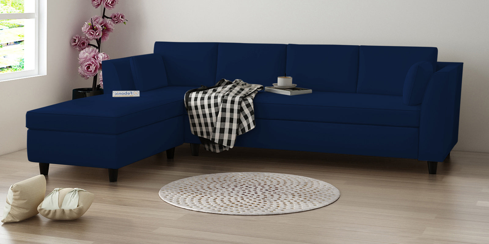Bristo Velvet RHS Sectional Sofa (3+Lounger) in Imperial Blue Colour - Febonic Living