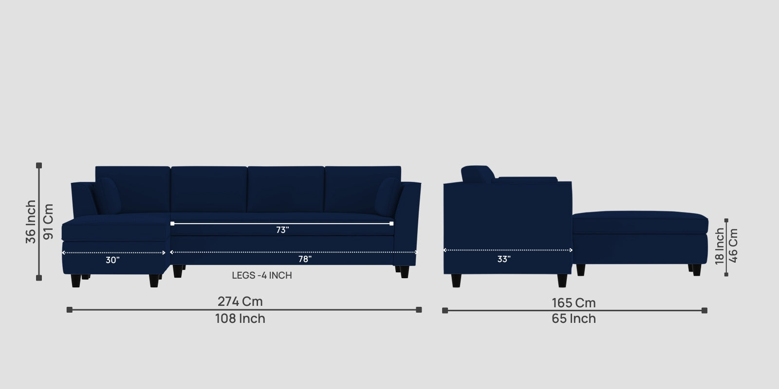 Bristo Velvet RHS Sectional Sofa (3+Lounger) in Imperial Blue Colour - Febonic Living