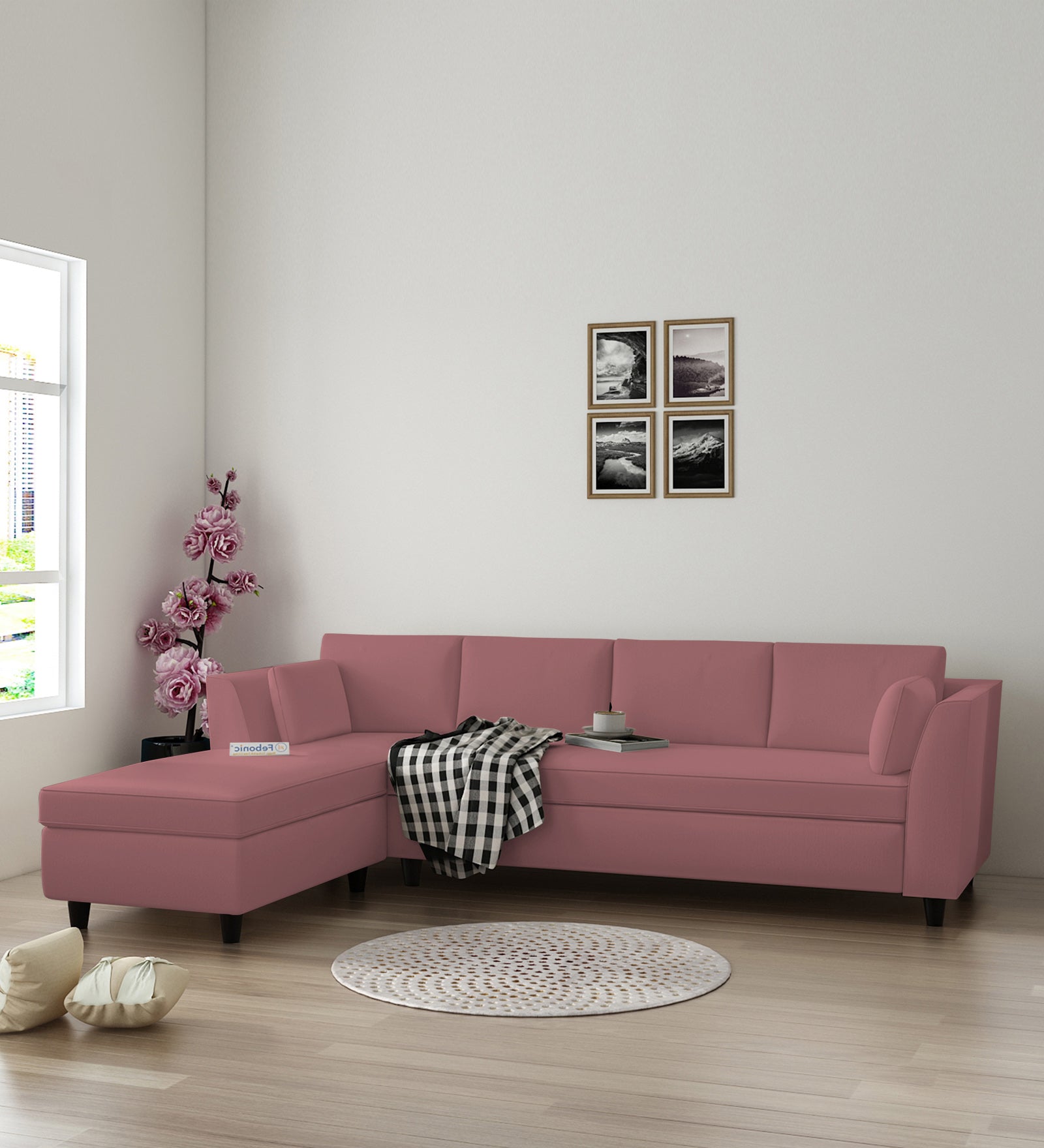 Bristo Velvet RHS Sectional Sofa (3+Lounger) in Rose Pink Colour - Febonic Living