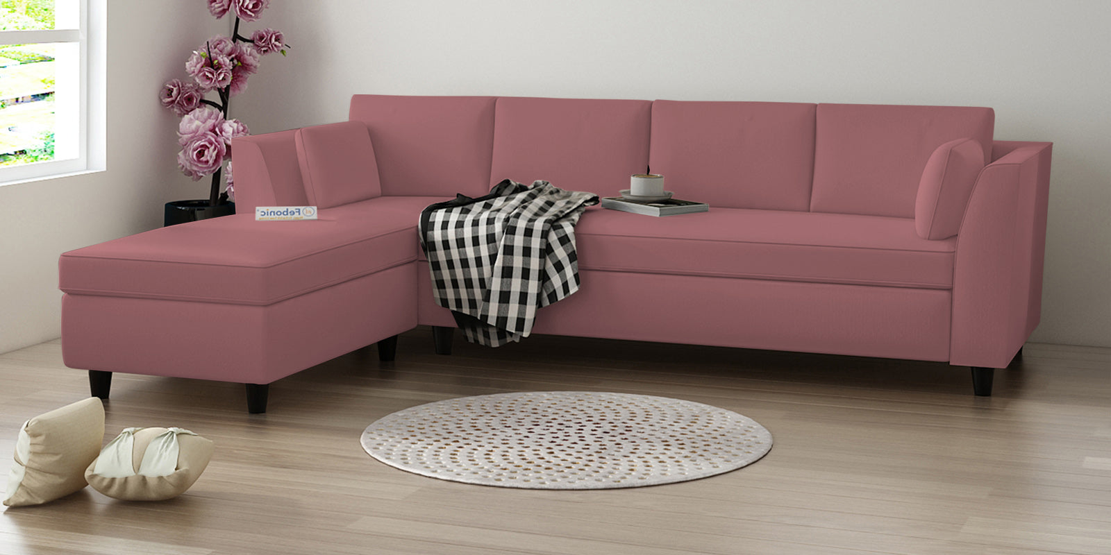 Bristo Velvet RHS Sectional Sofa (3+Lounger) in Rose Pink Colour - Febonic Living