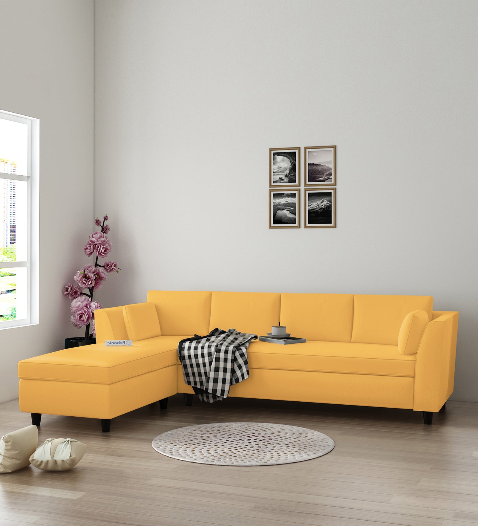 Bristo Velvet RHS Sectional Sofa (3+Lounger) In Turmeric Yellow Colour - Febonic Living