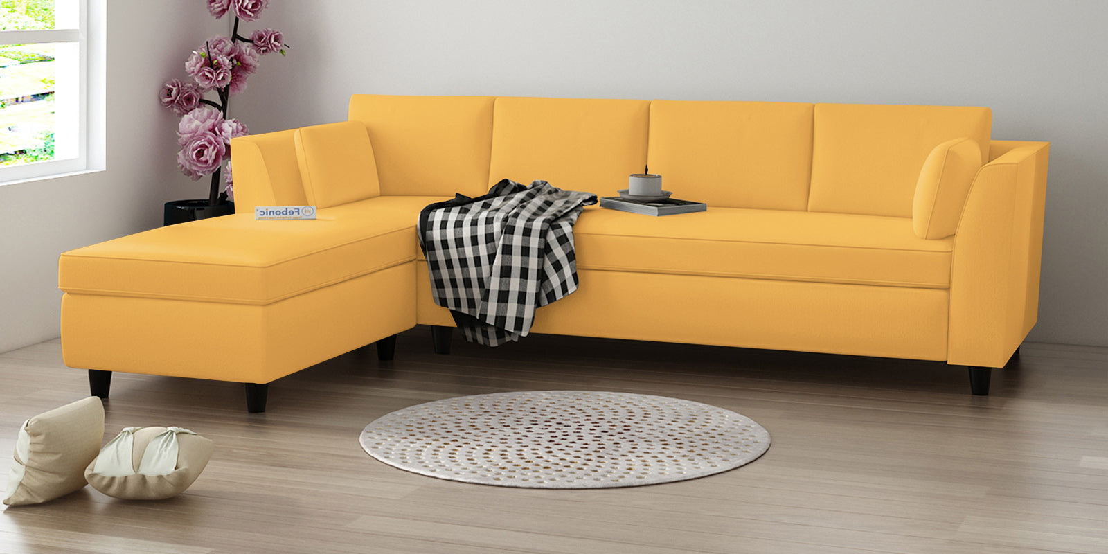 Bristo Velvet RHS Sectional Sofa (3+Lounger) In Turmeric Yellow Colour - Febonic Living