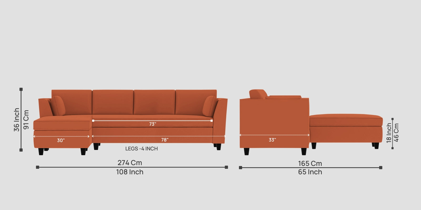 Bristo Velvet RHS Sectional Sofa (3+Lounger) In Yam Orange Colour - Febonic Living