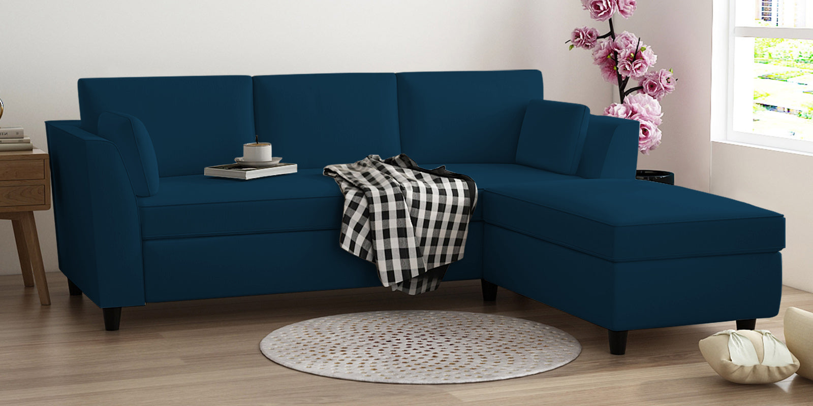 Bristo Velvet LHS Sectional Sofa (2+Ottoman Lounger) In Azure Blue Colour - Febonic Living