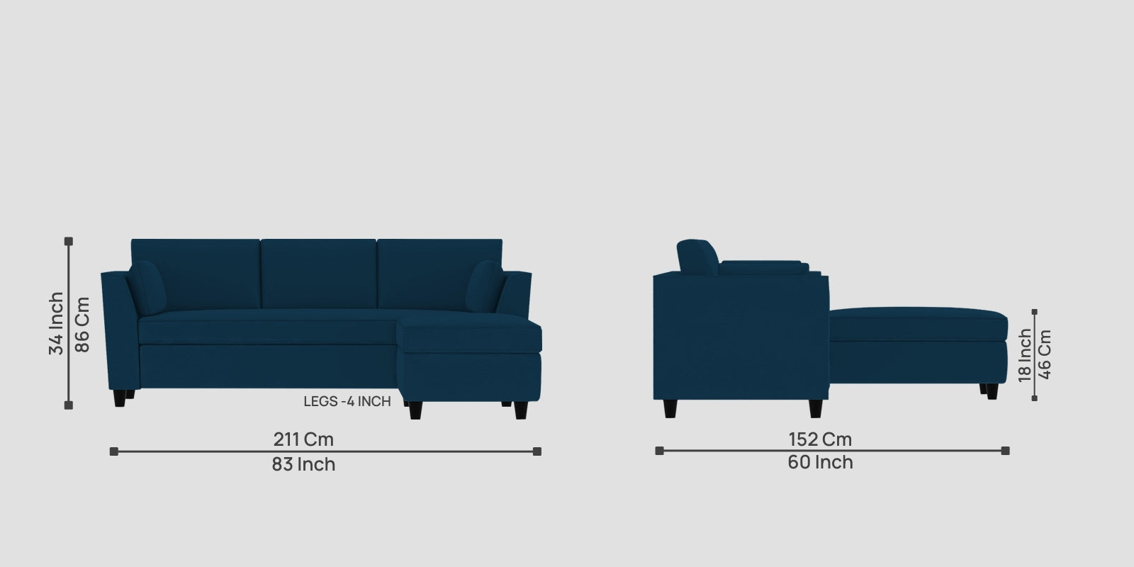 Bristo Velvet LHS Sectional Sofa (2+Ottoman Lounger) In Azure Blue Colour - Febonic Living