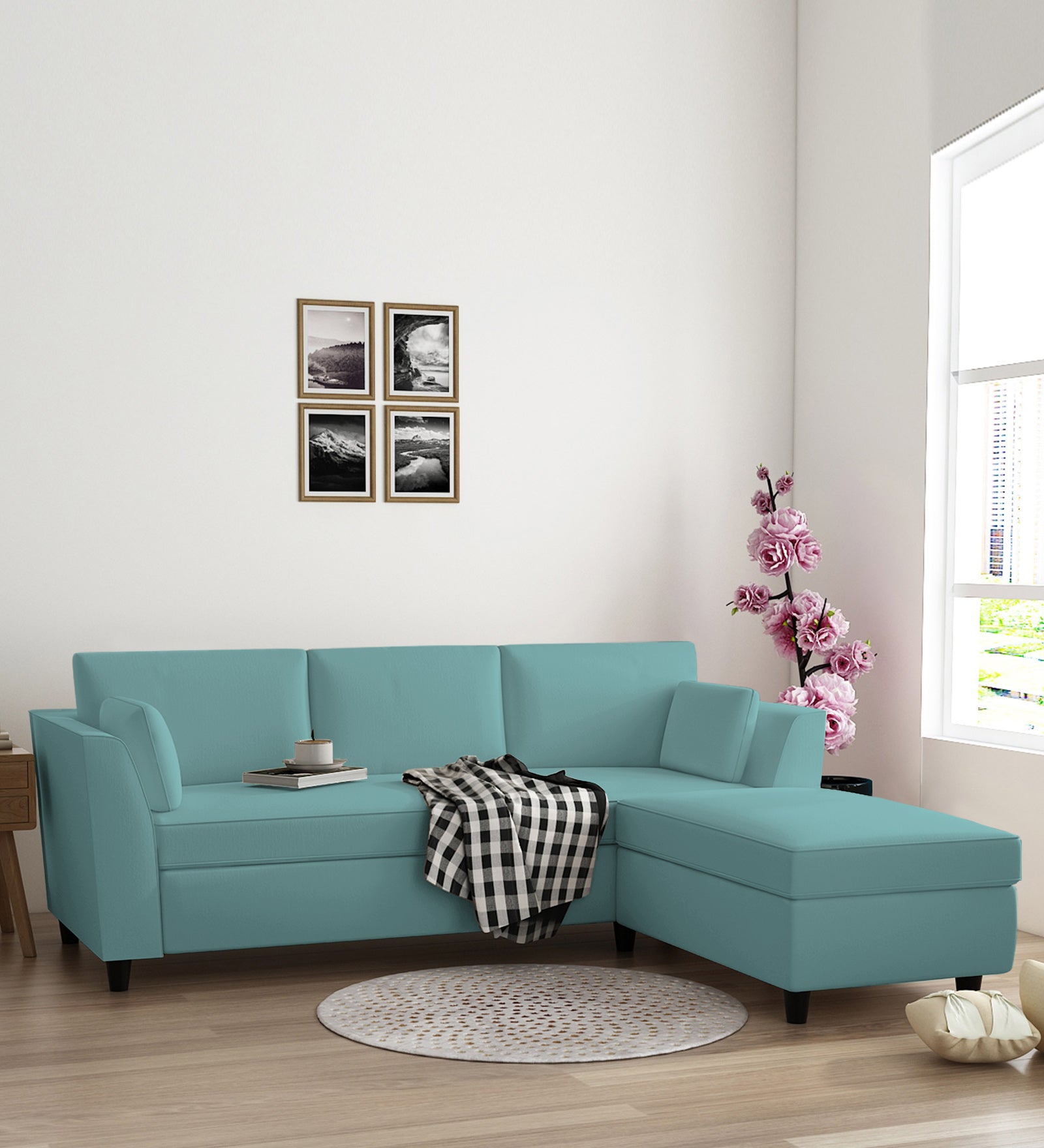 Bristo Velvet LHS Sectional Sofa (2+Ottoman Lounger) In Barmunda Aqua Colour - Febonic Living