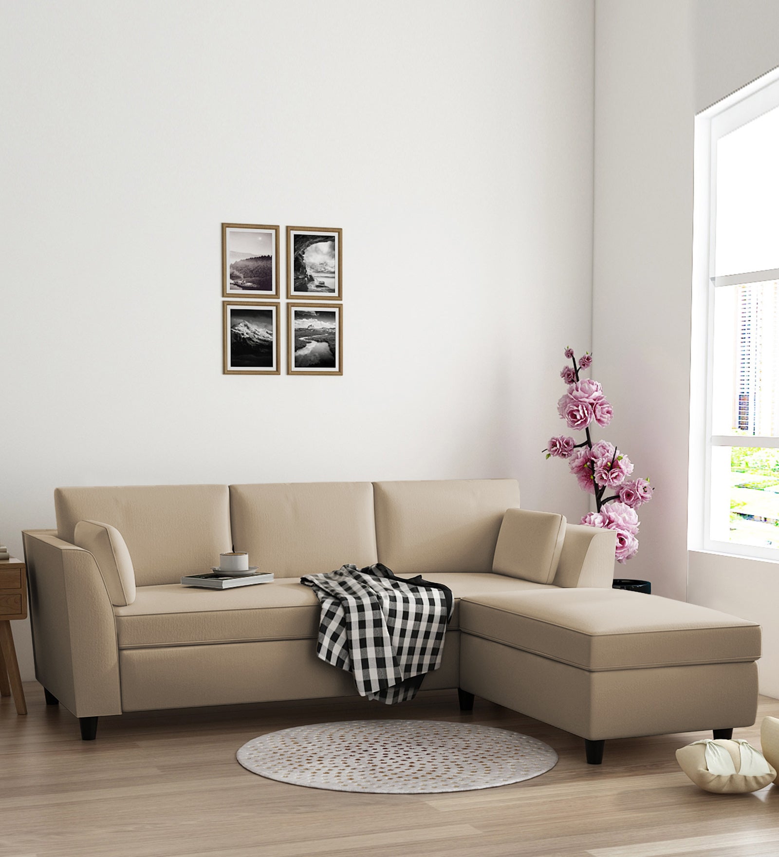 Bristo Velvet LHS Sectional Sofa (2+Ottoman Lounger) In Cream Beige Colour - Febonic Living