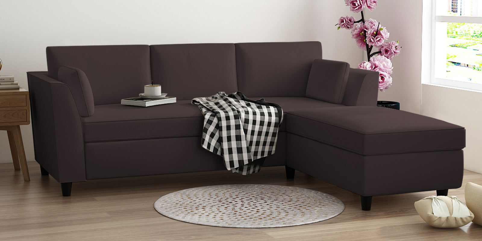 Bristo Velvet LHS Sectional Sofa (2+Ottoman Lounger) In Mocha Brown Colour - Febonic Living