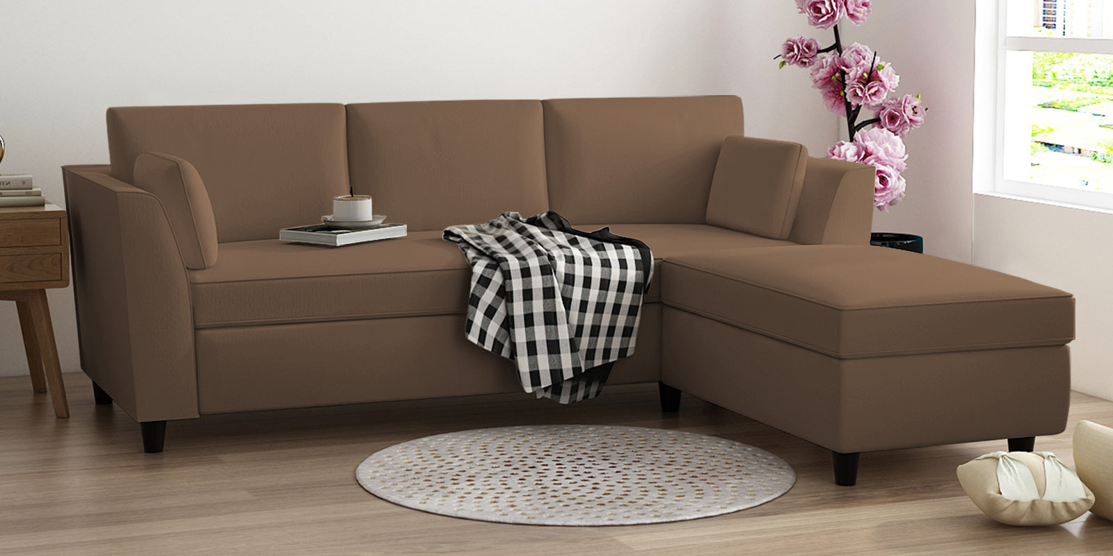 Bristo Velvet LHS Sectional Sofa (2+Ottoman Lounger) In Mocha Mouse Colour - Febonic Living