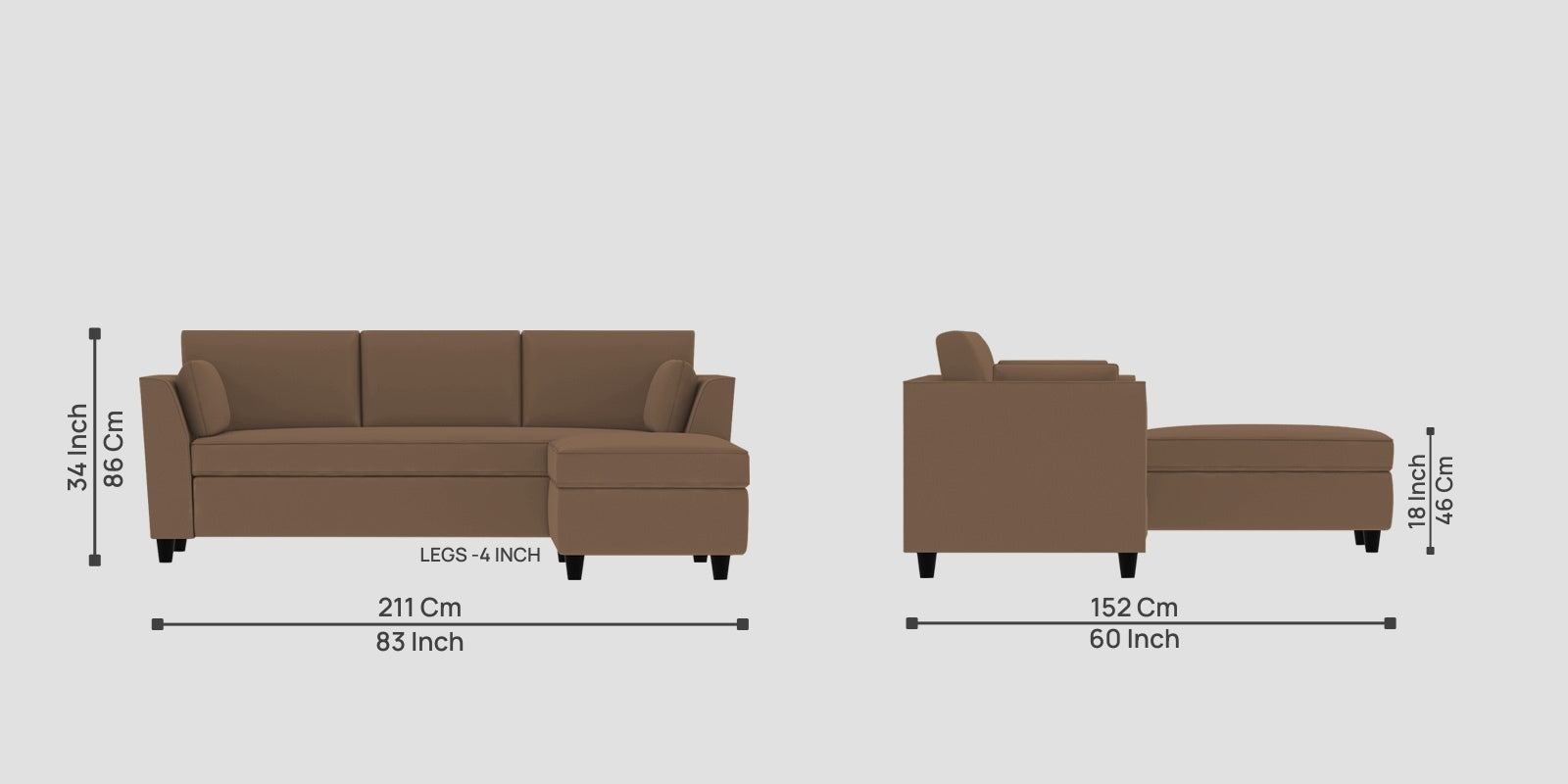 Bristo Velvet LHS Sectional Sofa (2+Ottoman Lounger) In Mocha Mouse Colour - Febonic Living