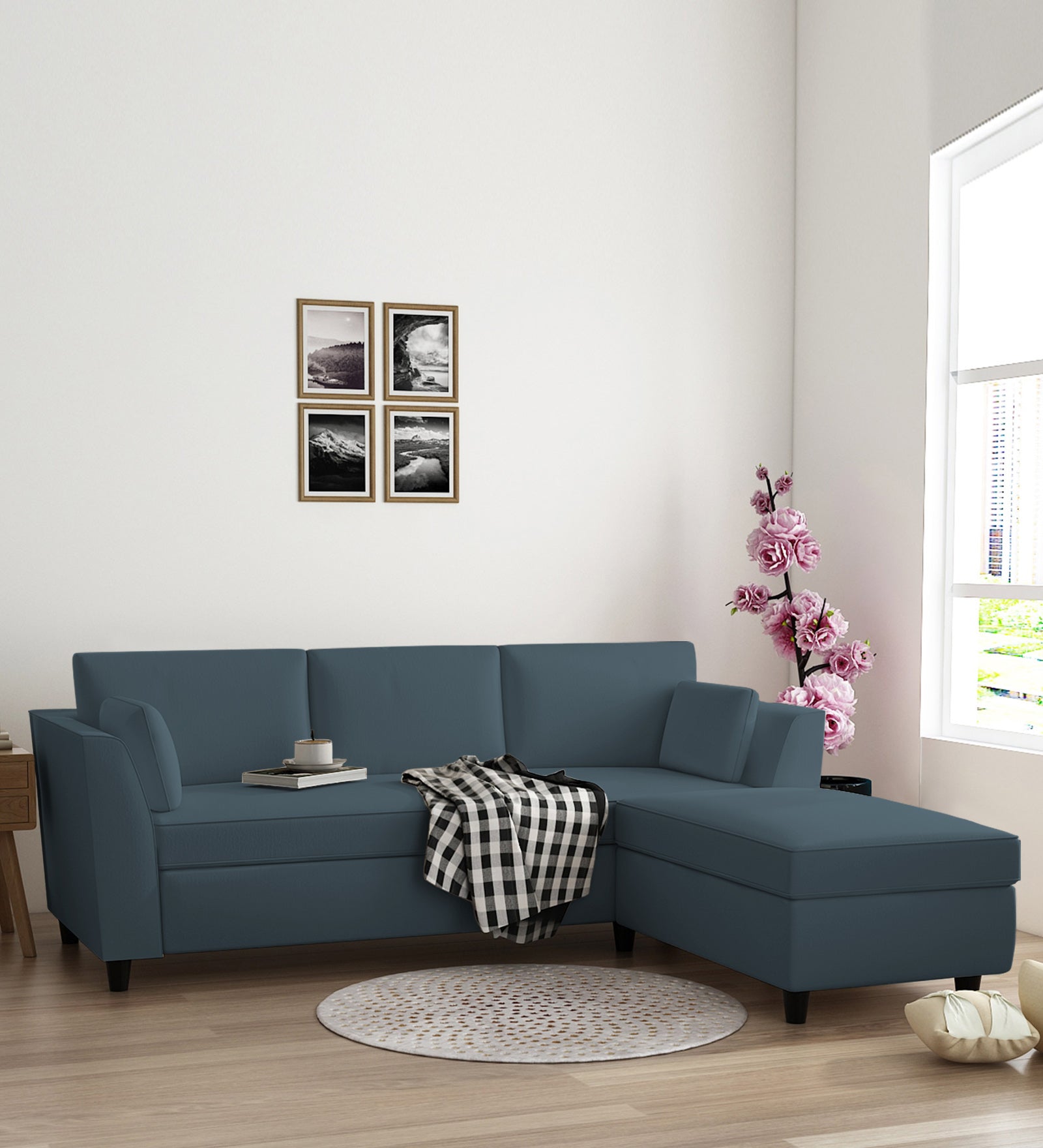 Bristo Velvet LHS Sectional Sofa (2+Ottoman Lounger) In Oxford Blue Colour - Febonic Living