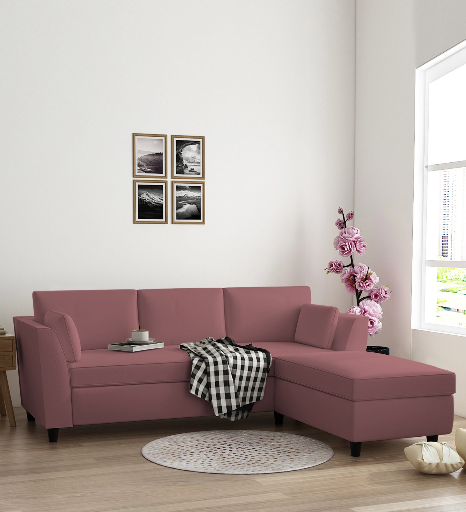 Bristo Velvet LHS Sectional Sofa (2+Ottoman Lounger) In Rose Pink Colour - Febonic Living
