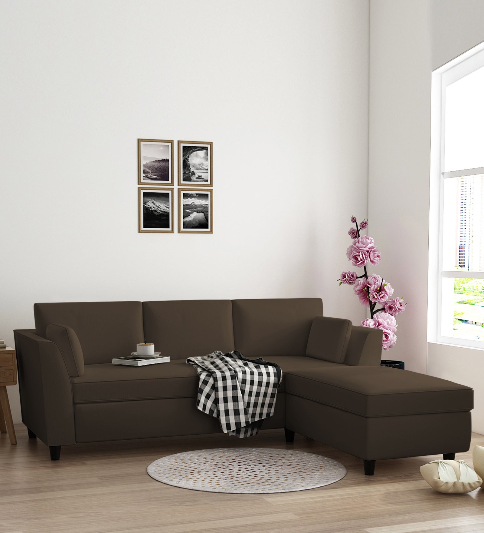 Bristo Velvet LHS Sectional Sofa (2+Ottoman Lounger) In Shade Brown Colour - Febonic Living