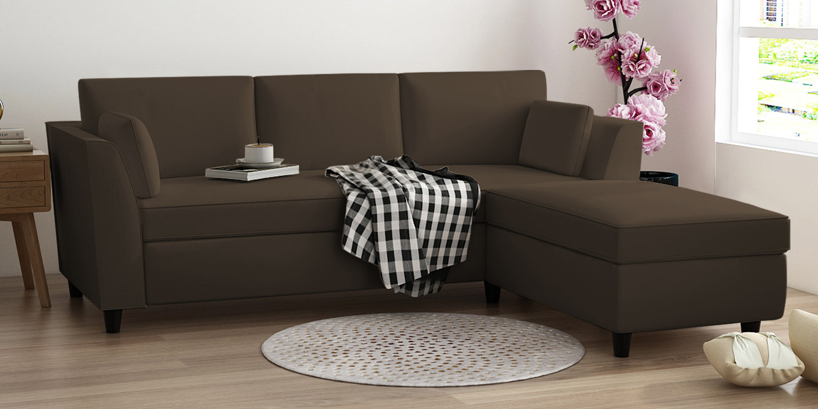Bristo Velvet LHS Sectional Sofa (2+Ottoman Lounger) In Shade Brown Colour - Febonic Living