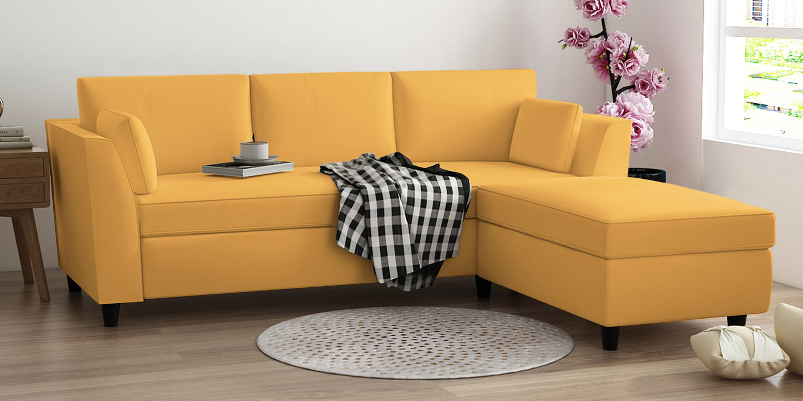 Bristo Velvet LHS Sectional Sofa (2+Ottoman Lounger) In Turmeric Yellow Colour - Febonic Living