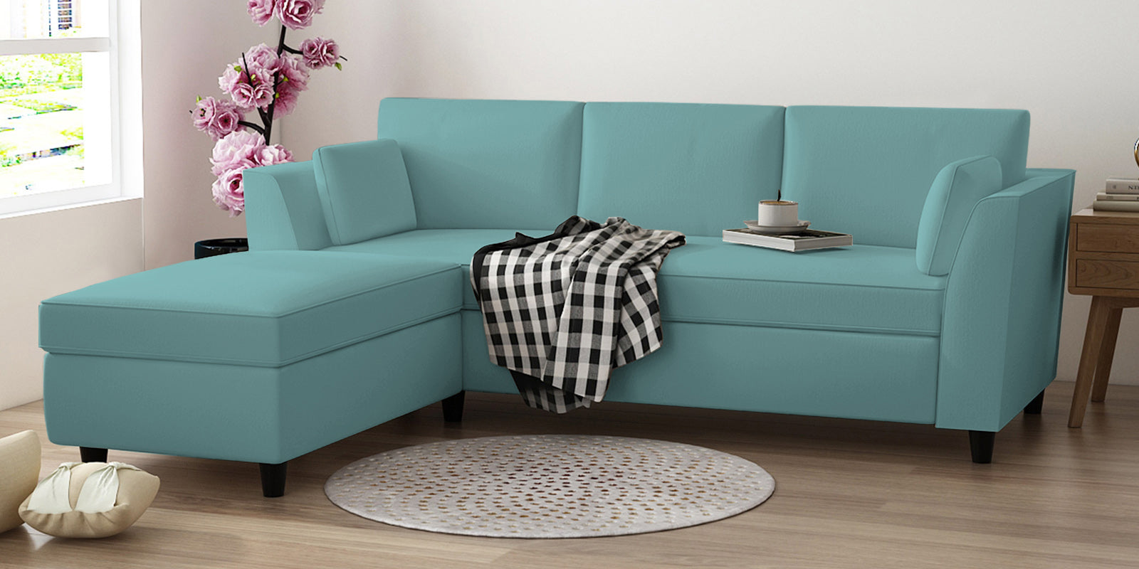 Bristo Velvet RHS Sectional Sofa (2+Ottoman Lounger) In Barmunda Aqua Colour - Febonic Living