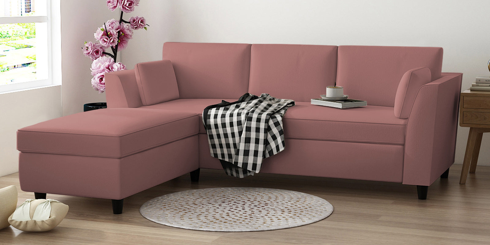 Bristo Velvet RHS Sectional Sofa (2+Ottoman Lounger) In Blush Pink Colour - Febonic Living