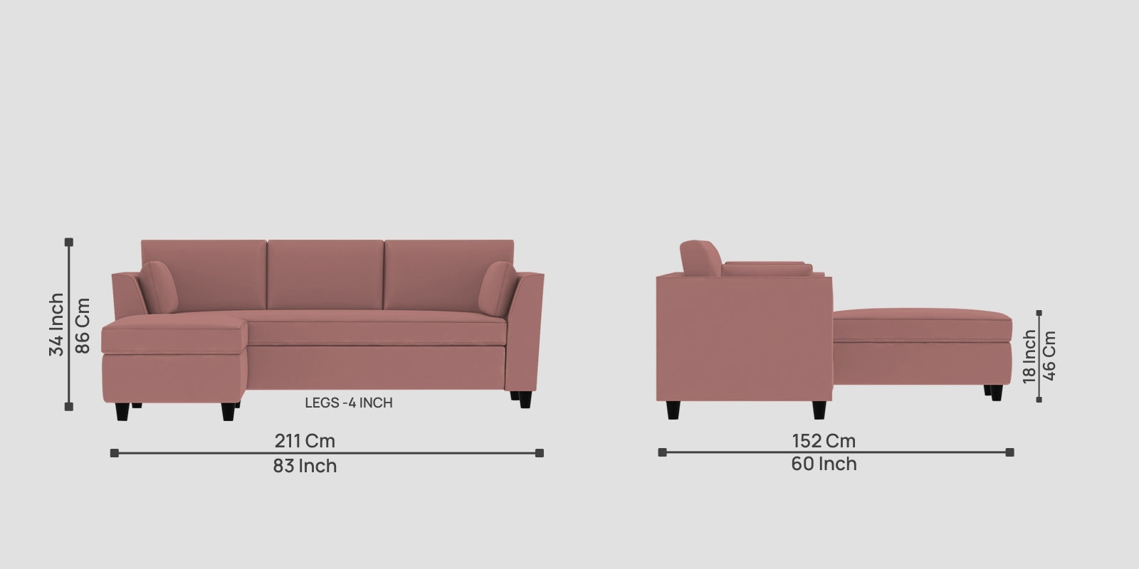 Bristo Velvet RHS Sectional Sofa (2+Ottoman Lounger) In Blush Pink Colour - Febonic Living