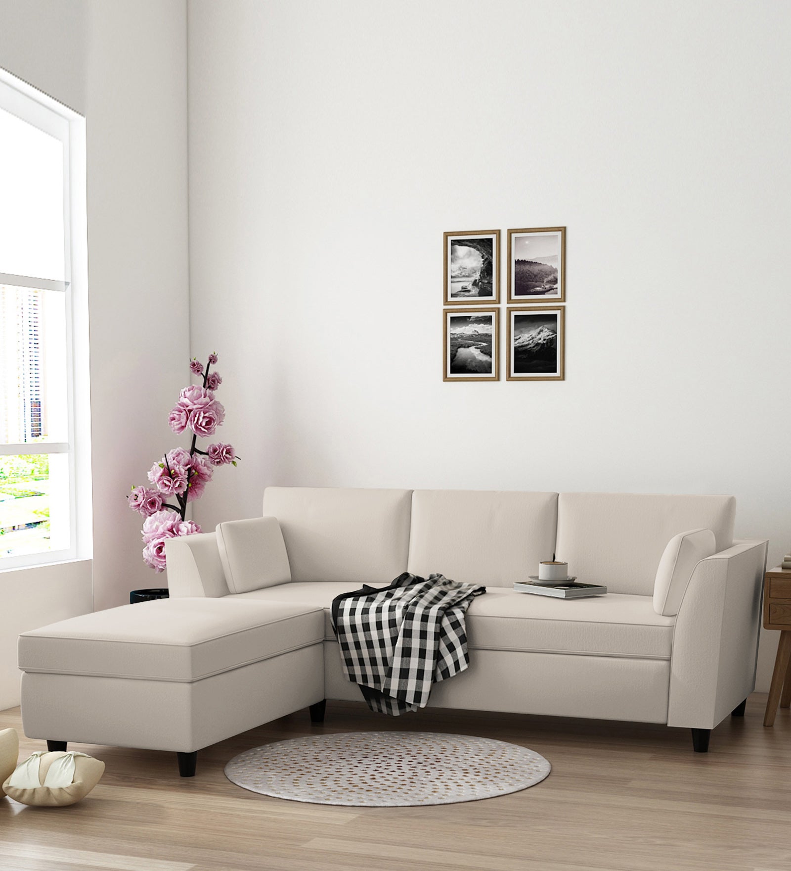 Bristo Velvet RHS Sectional Sofa (2+Ottoman Lounger) In Camel Beige Colour - Febonic Living