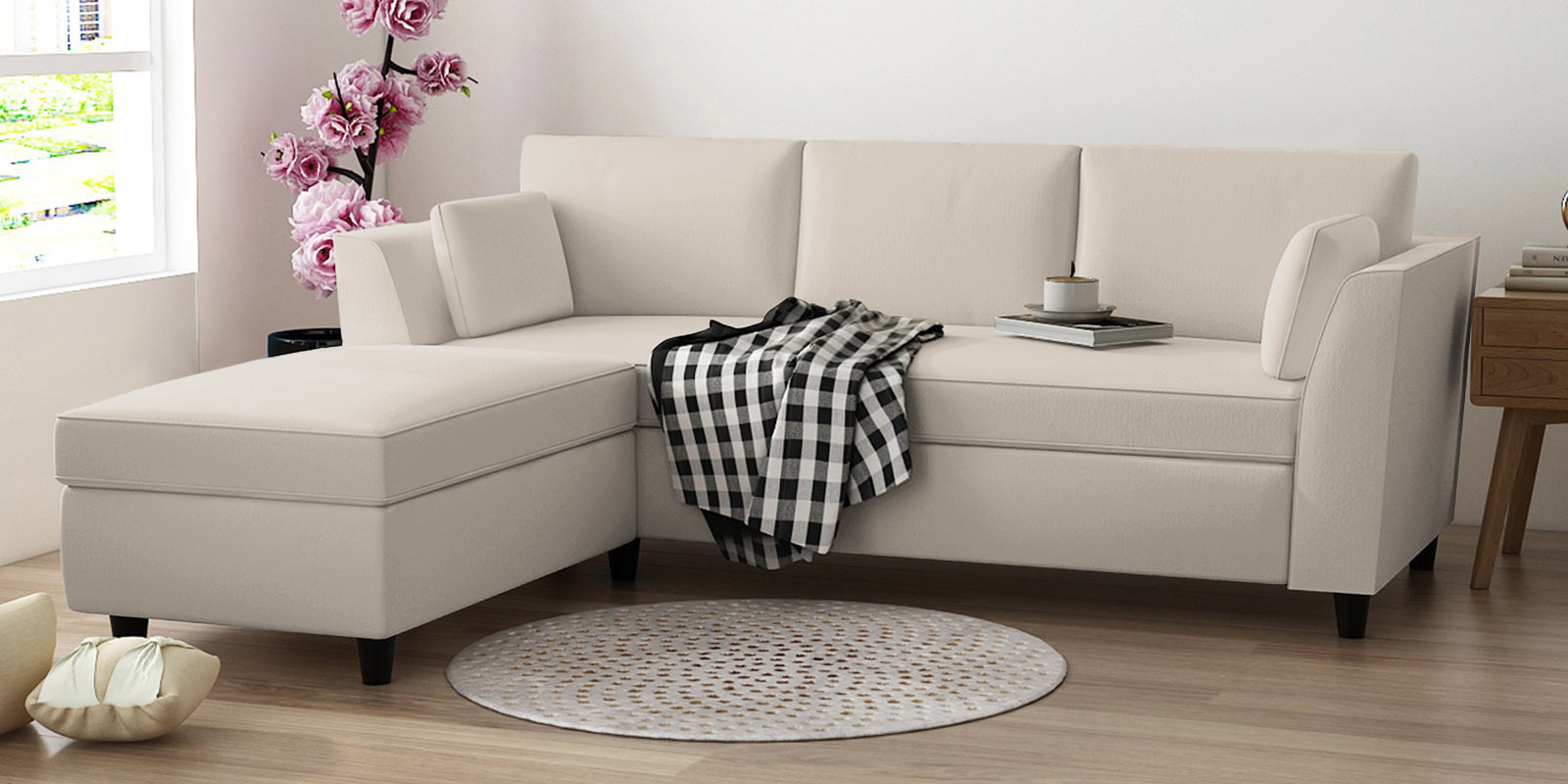 Bristo Velvet RHS Sectional Sofa (2+Ottoman Lounger) In Camel Beige Colour - Febonic Living