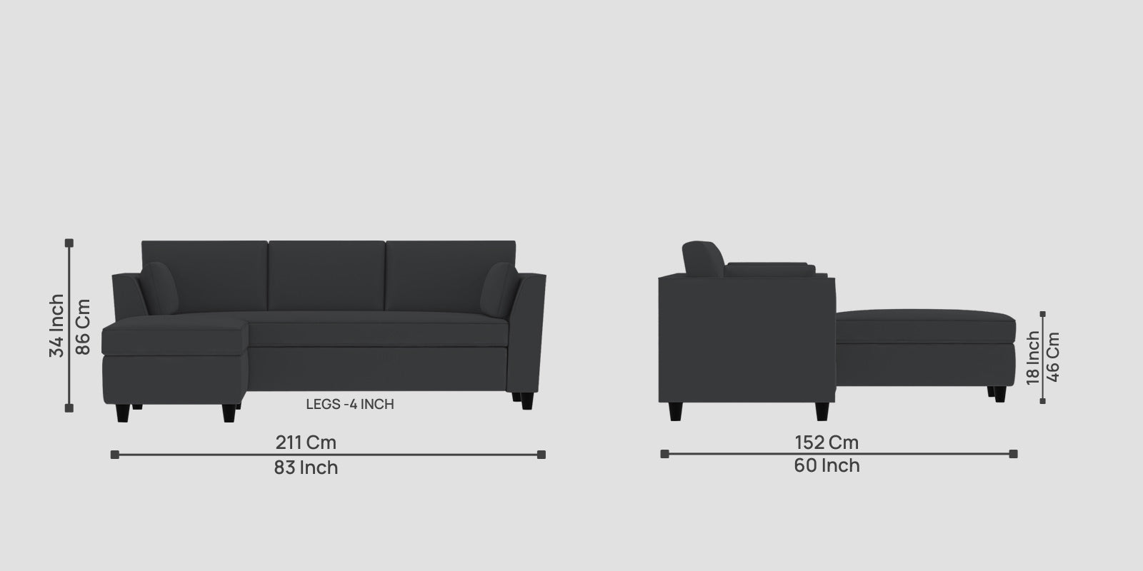 Bristo Velvet RHS Sectional Sofa (2+Ottoman Lounger) In Davy Grey Colour - Febonic Living