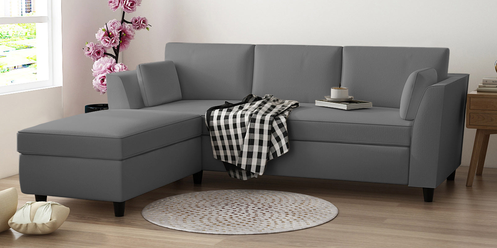 Bristo Velvet RHS Sectional Sofa (2+Ottoman Lounger) In Light Grey Colour - Febonic Living