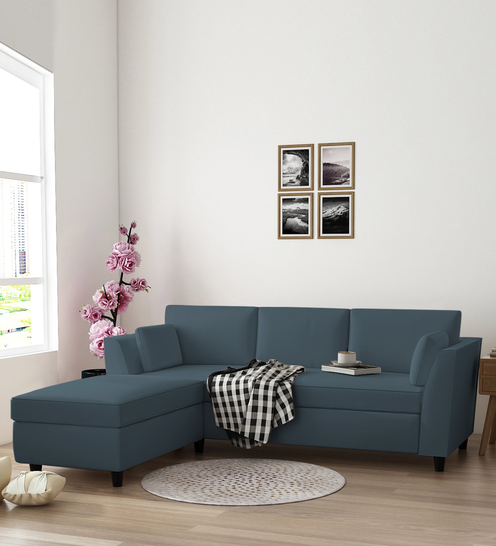 Bristo Velvet RHS Sectional Sofa (2+Ottoman Lounger) In Oxford Blue Colour - Febonic Living