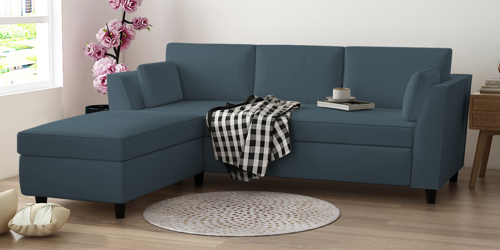 Bristo Velvet RHS Sectional Sofa (2+Ottoman Lounger) In Oxford Blue Colour - Febonic Living