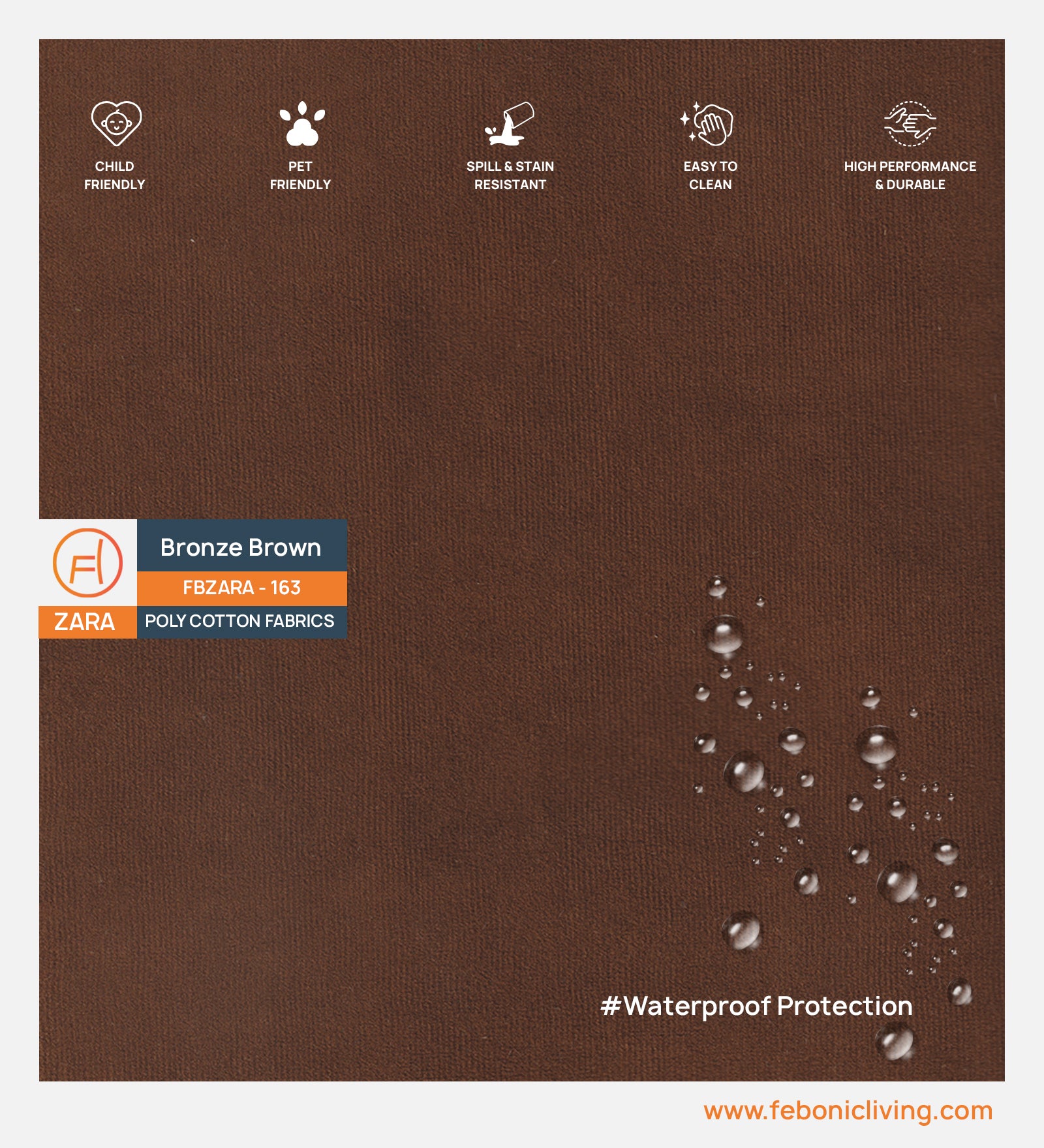 Velvet Zara Water Proof Fabric Bronze Brown 163 Code - Febonic Living
