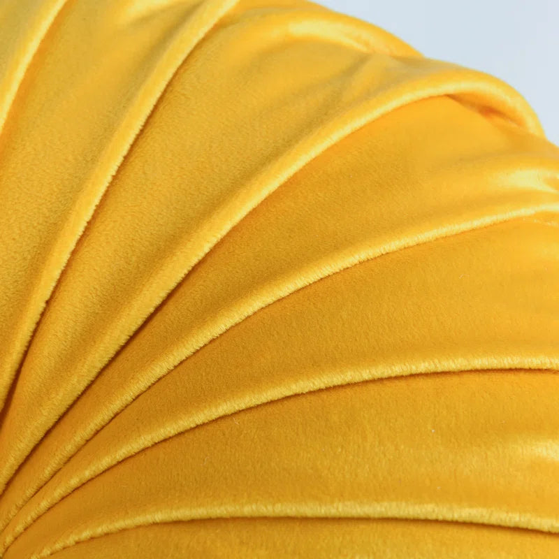 Taka Velvet Decorative Round Pleated Throw Pillows (Pack of 2) In Turmeric Yellow Colour