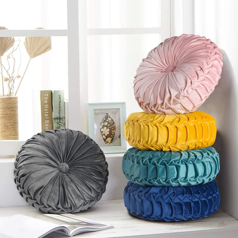 Taka Velvet Decorative Round Pleated Throw Pillows (Pack of 2) In Turmeric Yellow Colour