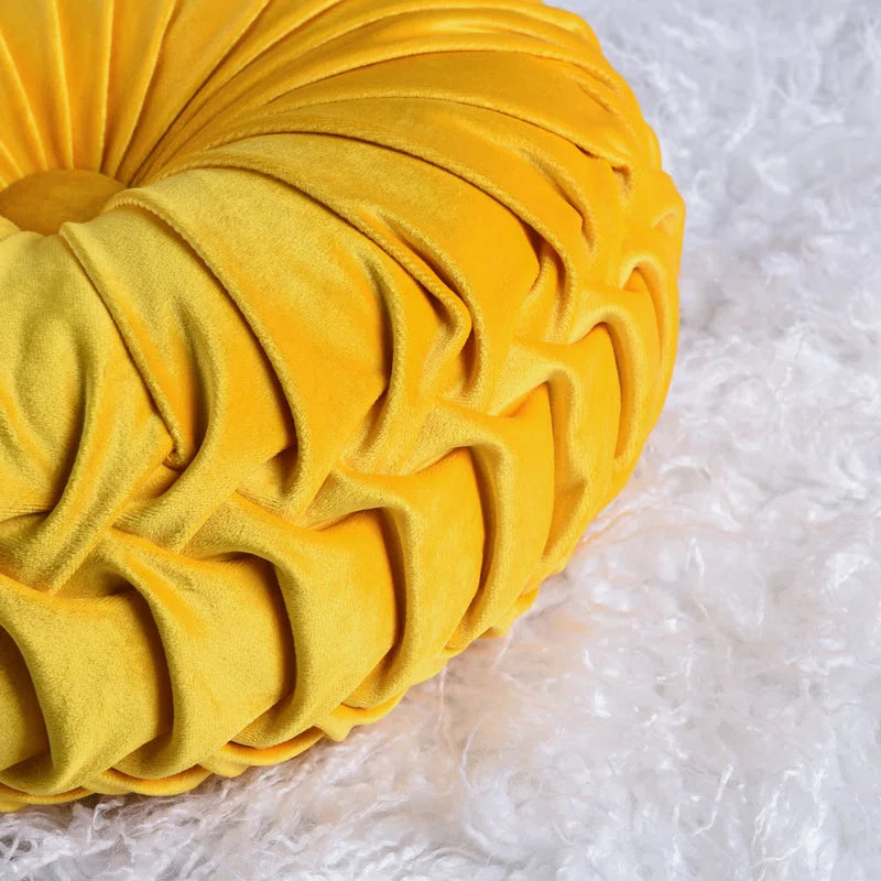 Taka Velvet Decorative Round Pleated Throw Pillows (Pack of 2) In Turmeric Yellow Colour