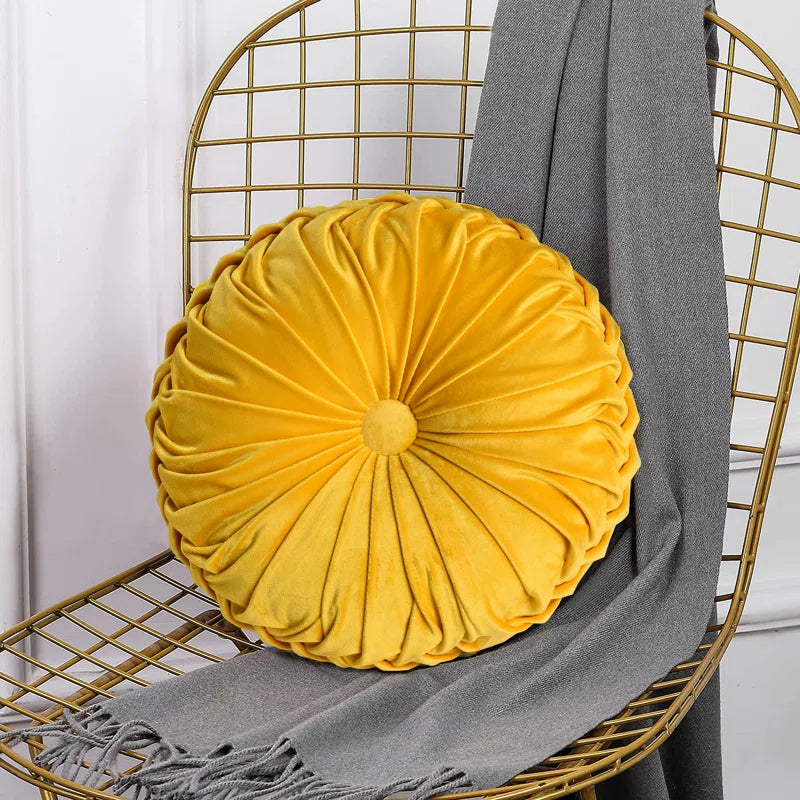 Taka Velvet Decorative Round Pleated Throw Pillows (Pack of 2) In Turmeric Yellow Colour
