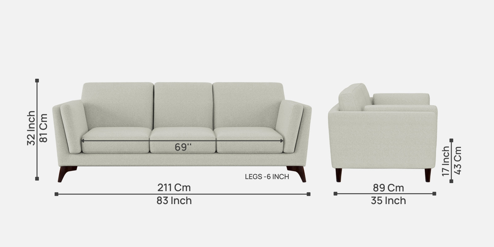 Candy Fabric 3 Seater Sofa In Pearl White Colour