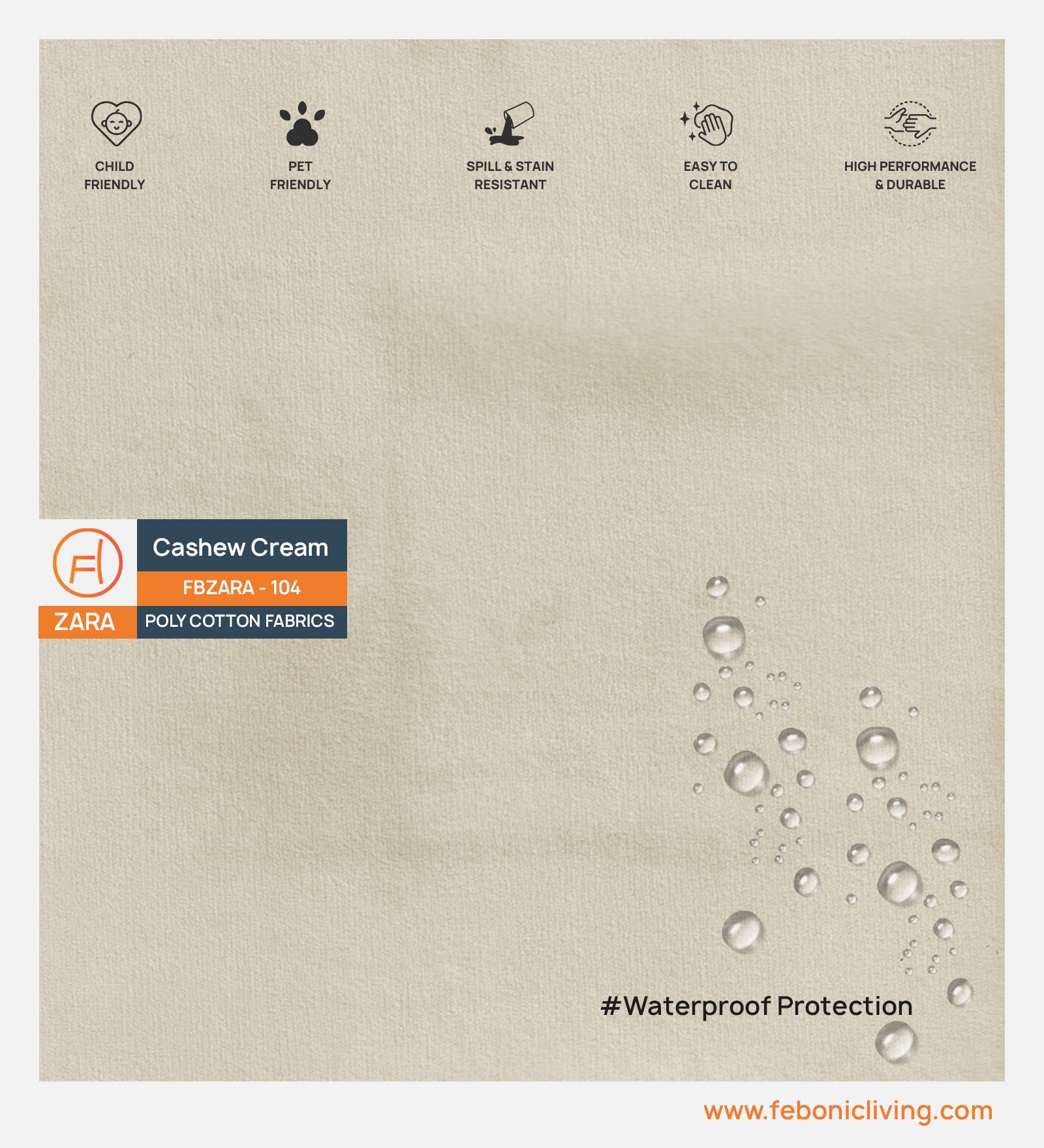 Velvet Zara Water Proof Fabric Cashew Cream 104 Code - Febonic Living