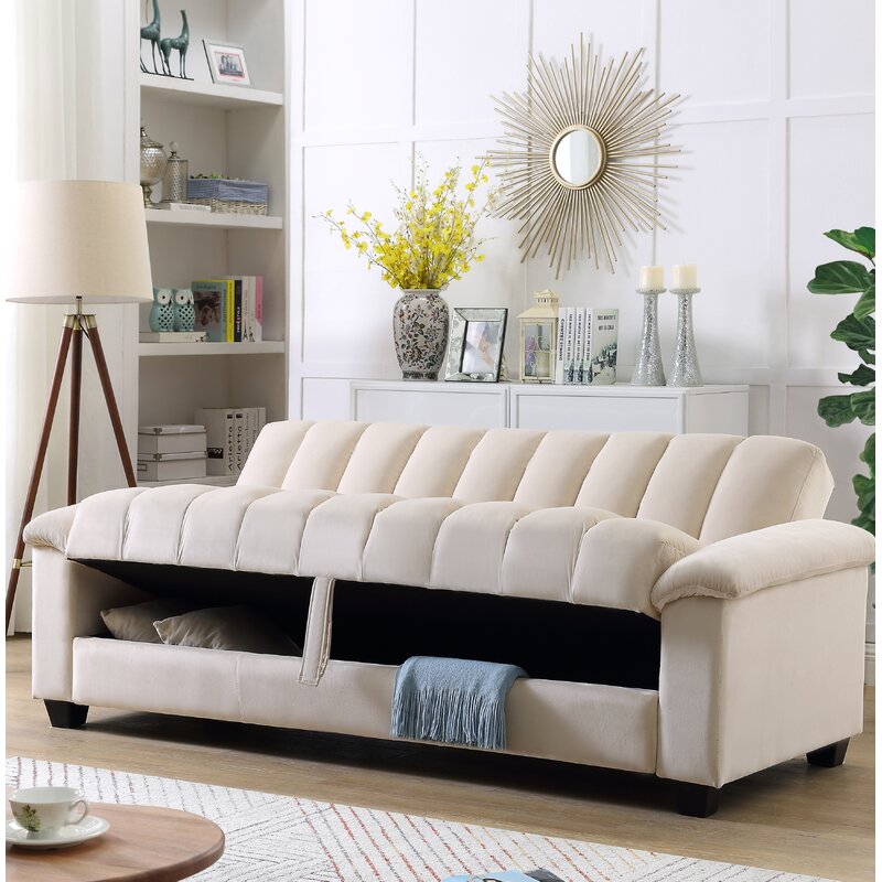 Kavan Velvet 3 Seater Convertible Sofa Cum Bed In Camel Beige Colour With Storage - Febonic Living