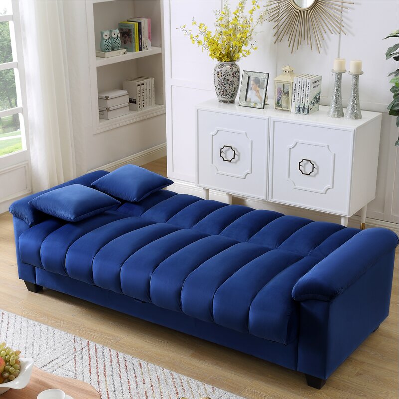 Kavan Velvet 3 Seater Convertible Sofa Cum Bed In Imperial Blue Colour With Storage - Febonic Living