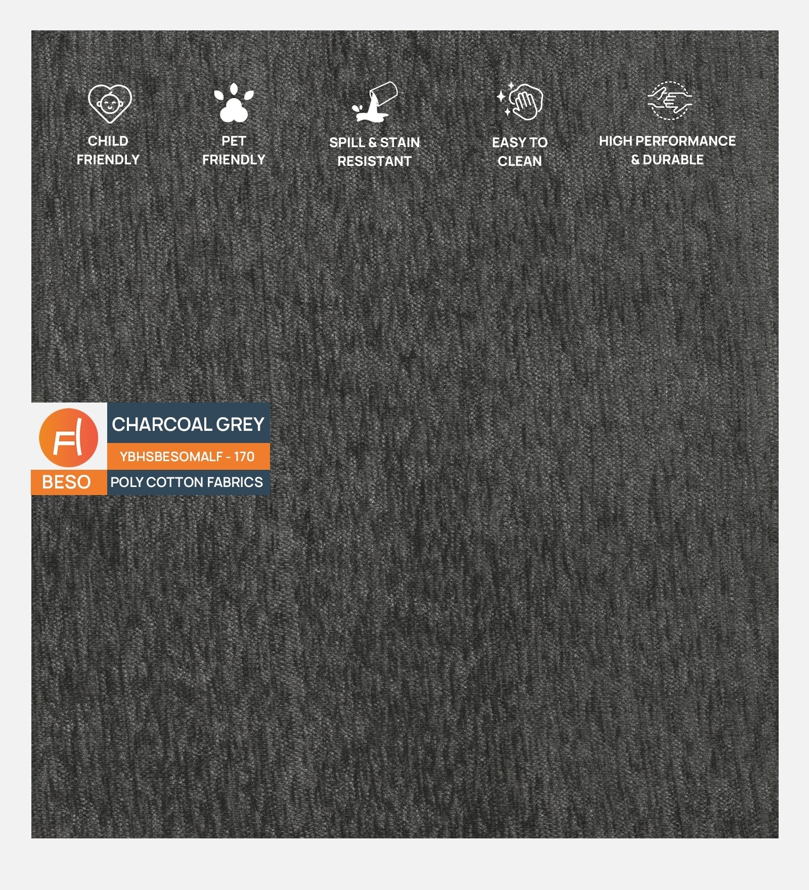 Polycotton Beso Fabric Charcoal Grey 170 Code - Febonic Living