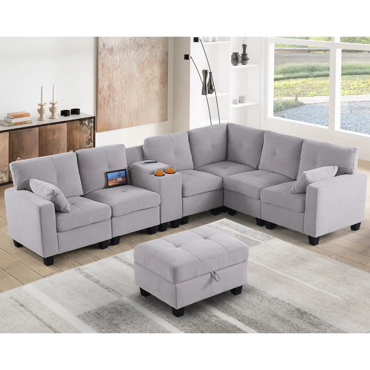 Tryston Fabric Corner Sofa With Storage Ottoman In Lit Grey Colour
